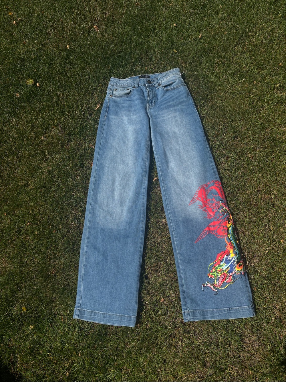Ed Hardy Medium Blue Wide Leg Denim Jeans with Red Dragon Graphic